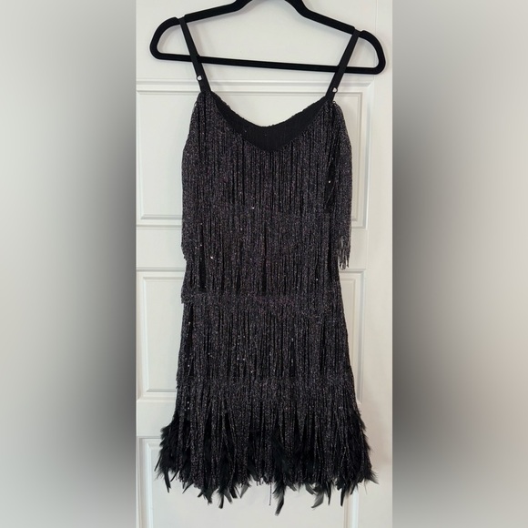Dazzling Black Silver Sequin Feather Fringe Flapper Mini Glamour Dress S M - Picture 2 of 11